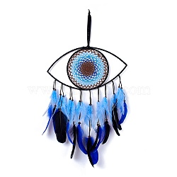 Handmade Evil Eye Woven Net/Web with Feather Wall Hanging Decoration, with Beads, for Home Offices Amulet Ornament, Cornflower Blue, 660mm(HJEW-K035-07)