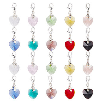 Heart Glass Pendants with Silver Color Plated Brass Lobster Claw Clasps, Mixed Color, 31mm, 50pcs/box