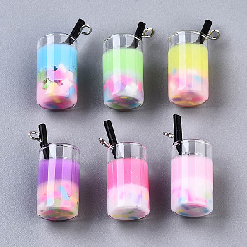 Epoxy Resin and Polymer Clay Pendant, and Glass Bottle Decorations, Imitation Fruit Juice Charms, Platinum Tone Iron Eye Pin, Mixed Color, 25~27x11mm, Hole: 1.8mm