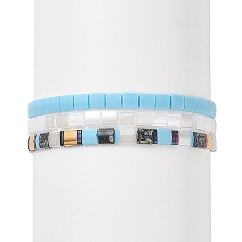 3Pcs 3 Style Glass Seed Rectangle Beaded Stretch Bracelets Set, Tile Bracelets for Women, Light Sky Blue, Inner Diameter: 2-1/8 inch(5.45cm), 1Pc/style