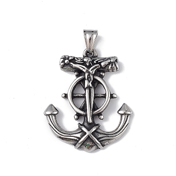 304 Stainless Steel Pendants, Anchor with Helm & Crucifix Cross, Antique Silver, 33x27x4.5mm, Hole: 4x6mm