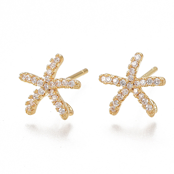 Brass Stud Earring Findings, with Loop and Cubic Zirconia, Real 18K Gold Plated, Starfish/Sea Stars, Clear, 9.5x10mm, Hole: 1mm, Pin: 0.8mm