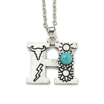 Letter A~Z Antique Silver Plated Alloy with Synthetic Turquoise Pendant Necklaces, with Iron Cable Chains, Letter H, 18.70 inch(475mm), Letter H: 25x25mm