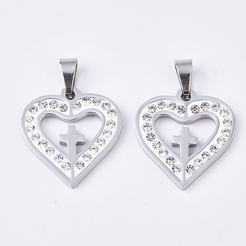 201 Stainless Steel Pendants, with Random Size Snap On Bails and Polymer Clay Crystal Rhinestones, Heart with Cross, Stainless Steel Color, 21x20x3mm, Hole: 8~10x3~5mm
