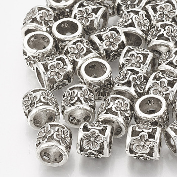 Tibetan Style Alloy Beads, Large Hole Beads, Column with Flower, Antique Silver, 10x9mm, Hole: 6mm