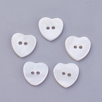 2-Hole Shell Buttons, Undyed, Heart, Floral White, 12x12x2mm, Hole: 1.4mm
