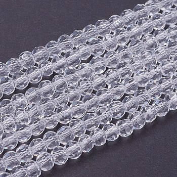 Faceted(32 Facets) Round Glass Beads Strands, Clear, 4mm, Hole: 1mm, about 98pcs/strand, 13.7 inch
