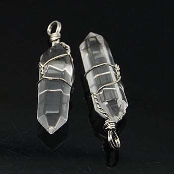 Natural Quartz Crystal Double Terminated Pointed Pendants, Rock Crystal, with Brass Pendant Settings, Faceted, Bullet, Platinum Metal Color, 35~45x10~13mm, Hole: 3mm