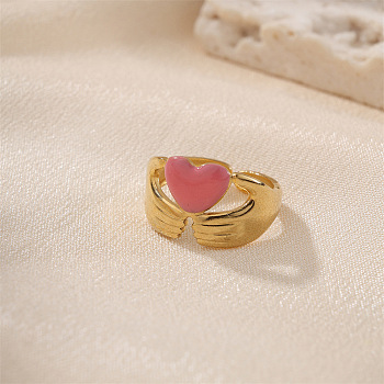 304 Stainless Steel Enamel Cuff Open Rings, Hand & Heart, Golden, Pink, 11.5mm, US Size 6(16.5mm)