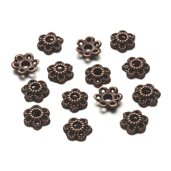 6-Petal Tibetan Style Alloy Hollow Flower Bead Caps, Cadmium Free & Nickel Free & Lead Free, Red Copper, 6x1.5mm, Hole: 2mm