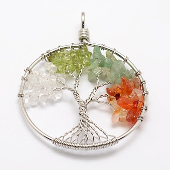 Tree of Life Mixed Stone Bead Brass Wire Wrapped Big Pendants, Cadmium Free & Nickel Free & Lead Free, 50~64x48~52x5~8mm, Hole: 3~6mm