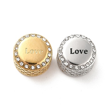 304 Stainless Steel European Beads, with Enamel & Rhinestone, Large Hole Beads, Golden & Stainless Steel Color, Flat Round with Word Love, Crystal, 12x8mm, Hole: 4mm