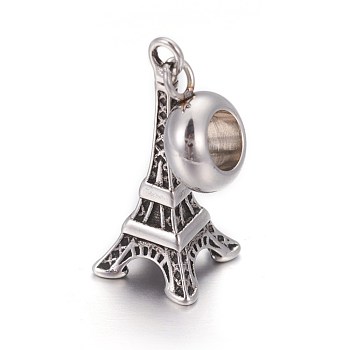 Retro 304 Stainless Steel European Style Dangle Charms, Large Hole Pendants, Eiffel Tower, Antique Silver, Antique Silver, 31mm, Hole: 4.5mm, Pendant: 21x9mm