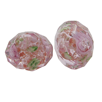 Handmade Gold Sand Lampwork Beads, Inner Flower, Faceted, Rondelle, Pink, about 12mm in diameter, 9mm thick, hole: 2mm