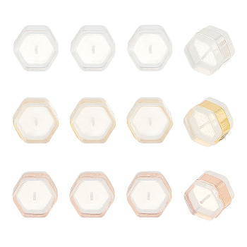 30Pcs 3 Colors Silicone Ear Nuts, Earring Backs, with Brass Findings, Hexagon, Cadmium Free & Nickel Free & Lead Free, Mixed Color, 6x7x4.5mm, Hole: 0.7mm, 10pcs/color