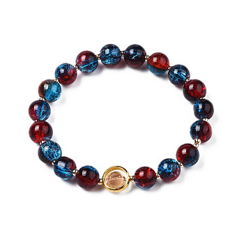 Round Glass Beaded Stretch Bracelet with Gold Plated Brass Ring for Women, Red, Inner Diameter: 2 inch(5cm)