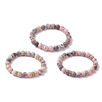 3Pcs 3 Colors 8.5mm Round Natural Pink Zebra Jasper Beaded Stretch Bracelets, Brass Rhinestone Spacer Bead Bracelets for Women, Mixed Color, Inner Diameter: 2-1/4 inch(5.6cm), Round: 8.5mm, 1pc/color