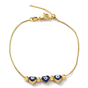 Heart with Evil Eye Enamel Slider Bracelet with Box Chains, Rack Plating Brass Bracelet, Midnight Blue, 7-1/2~8-1/4 inch(18.9~20.9cm)