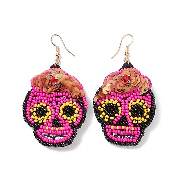 Halloween Skull Glass Seed Braided Big Dangle Earrings, 316 Stainless Steel Wraped Jewelry for Women, Hot Pink, 70mm, Pin: 0.6mm