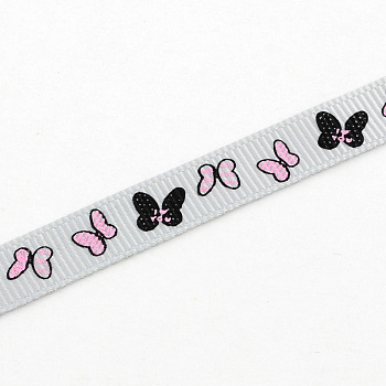 Single Face Butterfly Printed Polyester Grosgrain Ribbon, Light Grey, 3/8 inch(9mm), about 100yards/roll(91.44m/roll)