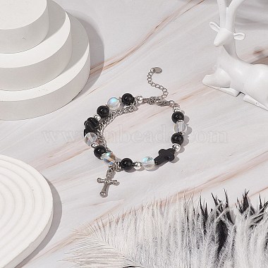 Natural & Synthetic Mixed Stone Beaded Bracelet with Cross Charm(BJEW-TA00184-01)-5