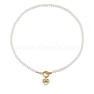 304 Stainless Steel Pendant Necklaces, with Acrylic Imitation Pearl Round Beads and Toggle Clasps, Heart, White, Golden, 18.11 inch(46cm)(NJEW-SZ0001-35)