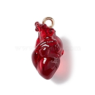 Transparent Resin Pendants, Anatomical Heart Charms, with Golden Plated Iron Loops, Dark Red, 20.5~21.5x11.5x11mm, Hole: 2mm(RESI-E028-01G-01)