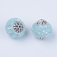 Handmade Indonesia Beads, Round, Antique Silver, Light Sky Blue, 14~15x14mm, Hole: 1.5mm(X-IPDL-R036-05B)