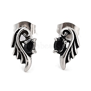 Wing 316 Surgical Stainless Steel Pave Cubic Zirconia Stud Earrings for Women Men, Antique Silver, Black, 12x8mm(EJEW-Z050-02A-AS)