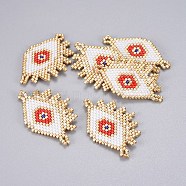 Handmade Japanese Seed Beads Links, with Japan Import Thread, Loom Pattern, Eye, Red, 26x41x2mm, Hole: 2mm(SEED-P003-13B)