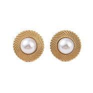 Ion Plating(IP) 304 Stainless Steel with ABS Imitation Pearl Stud Earrings for Women, Flat Round, Golden, 19mm(EJEW-N055-06G)