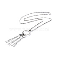 304 Stainless Steel Ring with Tassel Pendant Necklace with Box Chains for Women, Stainless Steel Color, 24.21 inch(61.5cm)(NJEW-B087-01P)