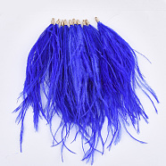 Ostrich Feather Tassel Big Pendant Decorations, with Brass Findings, Golden, Blue, 130~170x4mm, Hole: 1.6mm(FIND-S302-08H)
