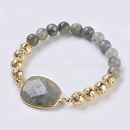 Electroplated Natural Lava Rock and Natural Frosted Amazonite Stretch Bracelets, Round & Trapezoid, Golden, 2.08 inch(5.3cm) links: 33x21x7.5mm.(BJEW-P078-01D)