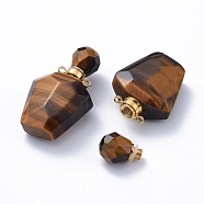 Faceted Natural Tiger Eye Openable Perfume Bottle Pendants, Essential Oil Bottles, with Golden Tone 304 Stainless Steel Findings, 35.5~37.5x23x13.5mm, Hole: 1.8mm, Capacity: about 2ml(0.06 fl. oz)(G-E564-09E-G)