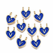 Alloy Enamel Charms, Cadmium Free & Lead Free, Heart with Initial Letters, Light Gold, Blue, Letter.V, 14.5x11.5x4.5mm, Hole: 2mm(ENAM-T012-02V-RS)