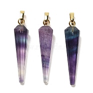 Natural Fluorite Pointed Pendants, Faceted Cone Charms with Golden Plated Barss Snap on Bails, 35~35.5x8~8.5mm, Hole: 6.5x4mm(G-D089-01G-02)
