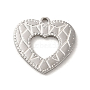 304 Stainless Steel Pendants, Textured and Laser Cut, Heart Charm, Stainless Steel Color, 14.5x15.5x1.5mm, Hole: 1.4mm(STAS-Q301-19P)