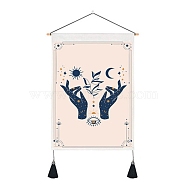 Tarot Pattern Polycotton Wall Hanging Tapestry, Vertical Tapestry, with Wood Rod & Iron Traceless Nail & Cord, for Home Decoration, Rectangle with Palm/Moon/Sun/Flower Pattern, Prussian Blue, 500x350mm(WICR-PW0001-30B)