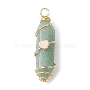 Natural Green Aventurine Copper Wire Wrapped Pointed Pendants, Faceted Bullet Charms with Golden Tone Brass Heart Beads, 34.5~37x10.5x12mm, Hole: 2.7mm(PALLOY-JF02462-04)