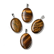 Natural Tiger Eye Pendants, Oval Charms with Platinum Plated Metal Findings, 39.5x26x6mm, Hole: 7.6x4mm(G-M415-01P-05)