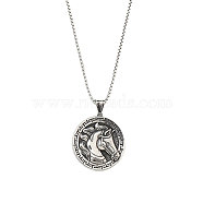 201 Stainless Steel Pendant Necklaces, Flat Round with Horse, Stainless Steel Color, 23.39 inch(59.4cm)(NJEW-C034-34P)