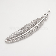 Tibetan Style Alloy Big Pendants, Feather, Cadmium Free & Lead Free, Antique Silver, 105x22x2mm, Hole: 4mm(X-TIBE-Q075-41AS-LF)