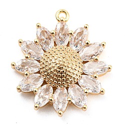 Brass Pave Cubic Zirconia Pendants, Real 14K Gold Plated, Flower, WhiteSmoke, 21.5x19.5x5mm, Hole: 1.2mm(KK-Q794-01H-G)