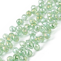 Transparent Electroplate Glass Beads Strands, Faceted, Top Drilled Teardrop, AB Color Plated, Light Green, 10x7.5~8mm, Hole: 0.8~1mm, about 95~100pcs/strand, 23.23~26.77(59~68cm)(EGLA-F152B-AB01)