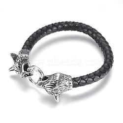 Leather Cord Bracelets, with 304 Stainless Steel Findings, Wolf, Antique Silver, 8-7/8 inch(225mm)(BJEW-F274-12AS)