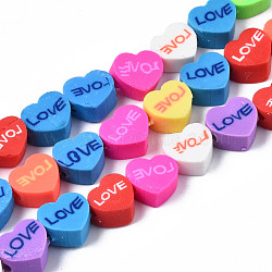 Handmade Polymer Clay Bead Strands, Heart with Word LOVE, for Valentine's Day, Mixed Color, 8~9x9~9.5x4~5mm, Hole: 1.6mm, about 40pcs/strand, 14.06 inch~14.57 inch(35.7~37cm)(CLAY-N006-72)