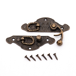 Zinc Alloy Lock Catch Clasps, Jewelry Box Latch Hasp Lock Clasps, with Screw, Antique Bronze, 59.5x40x1.5~10.5mm, Hole: 2mm(PALLOY-WH0070-80AB-02)