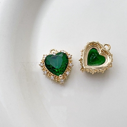 Brass Cubic Zirconia Pendants, Heart Charm, Long-Lasting Real 18K Gold Plated, Dark Green, 17x15mm(FIND-PW0011-001G)