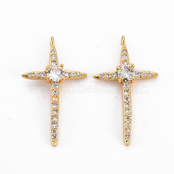 Brass Clear Cubic Zirconia Pendants, Nickel Free, Cross, Real 18K Gold Plated, 23x13x4mm, Hole: 1mm(KK-N233-106-NF)